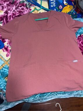 Figs Women's V-Neck Scrub Top in Dusty Rose and Pants cuffed